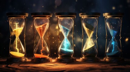 Ancient hourglasses filled with glowing particles representing time's evolution | generative ai