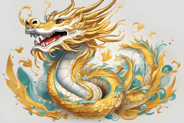 Bright cute gold Chinese dragon, vintage T-shirt design, 3D vector art, fantasy art, watercolor effect, digital painting,generative ai
