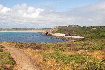 Sentier côtier à la Pointe de Dinan sur la presqu'île de Crozon. Finistère. Bretagne	