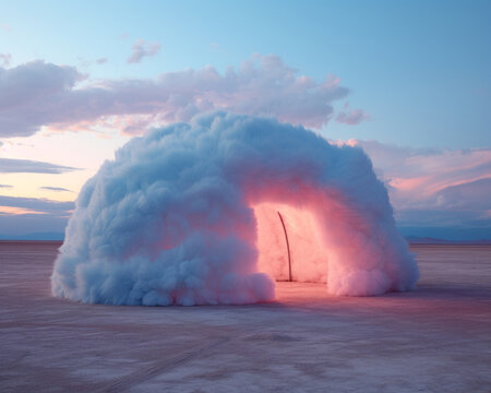 Futuristic beautiful portrait of a iglo in a surreal dreamy cloud punk setting with a huge oversized pink fur clouds on the pastel sunset beach. 