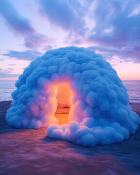 Futuristic beautiful portrait of a iglo in a surreal dreamy cloud punk setting with a huge oversized pink fur clouds on the pastel sunset beach. 