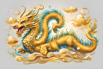 Bright cute gold Chinese dragon, vintage T-shirt design, 3D vector art, fantasy art, watercolor effect, digital painting,generative ai
