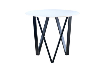 Loft-style kitchen table with round light stoneware countertop and black squared rectangular steel legs, isolated on white background.