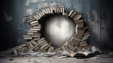 Concept of a hole in destroyed concrete wall and books