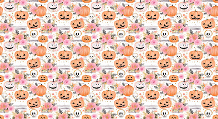Seamless pattern with watercolor flowers and happy pimpkins in halloween