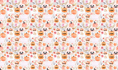 Seamless pattern with watercolor flowers and happy pimpkins in halloween