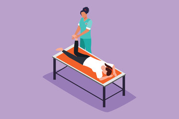 Graphic flat design drawing of physiotherapy rehabilitation assistance. Woman patient lying on massage table therapist doing healing treatment massaging injured foot. Cartoon style vector illustration