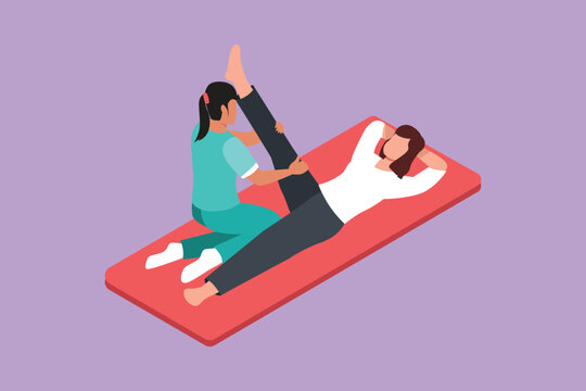 recommend clip art: Character flat drawing of rehabilitation center or medical treatment. Massage therapy. Female physiotherapist giving leg massage to woman patient lying on the floor. Cartoon design vector illustration