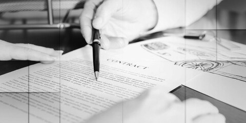 Dealer showing a detail of a car purchase contract, geometric pattern