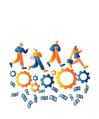 Flat Style Art Illustration Of 4 Corporate People With Business Gears And Money Vector