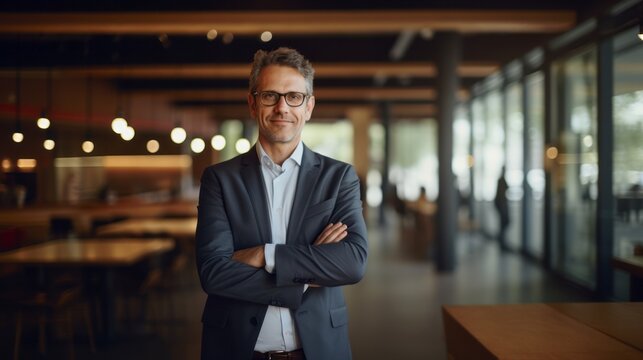 Portrait of a Male businessman executive in a suit standing in his office. 