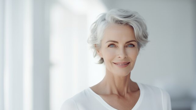 Graceful Aging: A Spa Inspired Portrait Of A Smiling Attractive Older Woman On A White Background, Senior Citizen Healthy Aging Concept