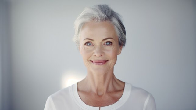 Graceful Aging: A Spa Inspired Portrait of a smiling attractive older woman on a white background, senior citizen healthy aging concept