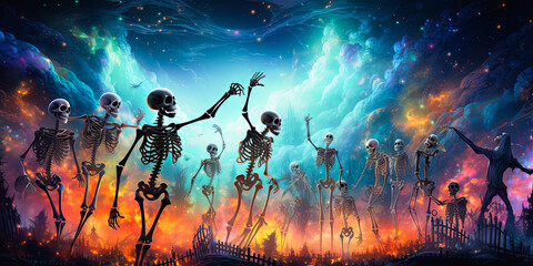 illustration of skeletons which dancing on Halloween disco party