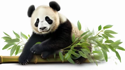 Keuken spatwand met foto Cute sit panda on bamboo sprig. isolated on a white background © Ghazanfar