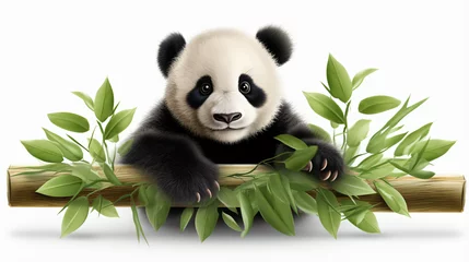 Poster Cute sit panda on bamboo sprig. isolated on a white background © Ghazanfar