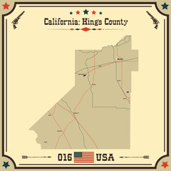 Large and accurate map of Kings County, California, USA with vintage colors.