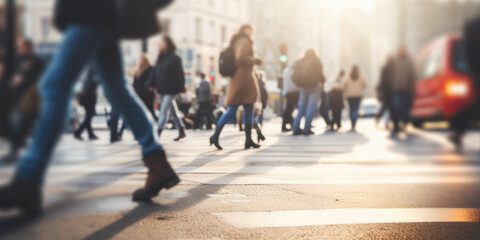 Motion blurred people legs crossing the pedestrian in New York city - obrazy, fototapety, plakaty