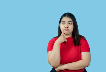 Portrait girl young woman asian chubby fat cute beautiful pretty one person wearing a red shirt is...