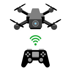 シンプルなイラスト_黒いドローン,リモコン,コントローラー,カメラ