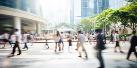 Motion blurred people crossing the pedestrian in Singapore - obrazy, fototapety, plakaty