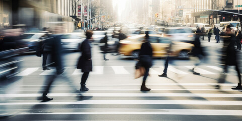 Motion blurred people crossing the pedestrian in New York City