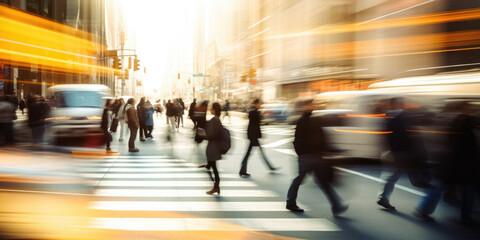 Motion blurred people  crossing the pedestrian in New York City