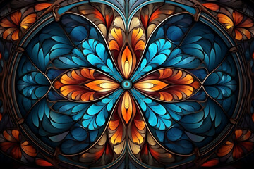 Colorful abstract fractal pattern, stained glass ornament symmetry background.