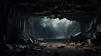 Dark room with a hole in the ceiling and falling rocks - obrazy, fototapety, plakaty