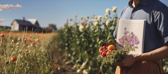 A devoted farmer proudly holds a book and locally sourced vegetables, with the backdrop featuring a quaint farmhouse and vast fields, encapsulating the essence of local products and agricultural life