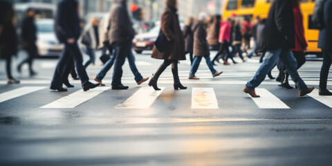 Motion blurred people legs crossing the pedestrian in New York city