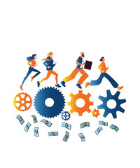 Flat Art Style Graphic Art Of 4 Corporate People Running In Business Gears And Money Vector