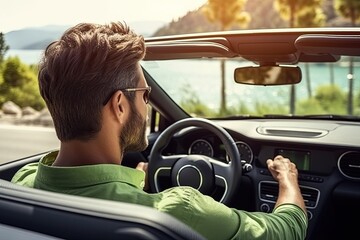 Young handsome man driving convertible car in the mountains. Side view