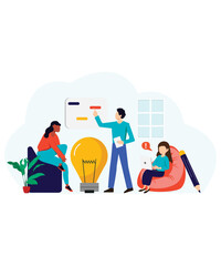 Flat Art And Flat Style Illustration Of 3 Brainstorming Corporate People With Light Bulb And Business Vectors