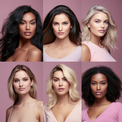 Photo collage portrait of a diverse group of beautiful women with perfect, natural, glowing skin. Multi-ethnic group as a concept of women united with diversity of origins and beliefs. 
