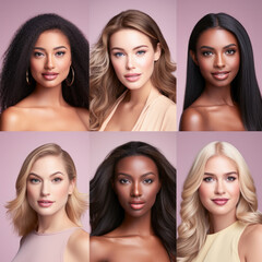 Photo collage portrait of a diverse group of beautiful women with perfect, natural, glowing skin. Multi-ethnic group as a concept of women united with diversity of origins and beliefs. 
