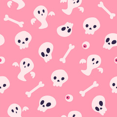 Pink halloween seamless pattern with skull, bones and ghost. Barbiecore style vector illustration