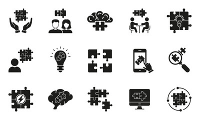 Teamwork, Collaboration, Team Building, Unity Silhouette Icon Set.Puzzle Jigsaw Matching Glyph Pictogram. Business Partnership Connect. Success in Community Solid Symbol. Isolated Vector Illustration