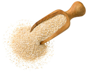 Uncooked oat bran in the wooden scoop, isolated on white background, top view.