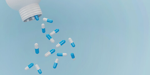 Blue white capsule pills on background, Antibiotic 3d render illustration, Health pharmaceutical industry concept.
