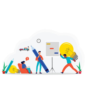Vibrant Flat Art Style And Working Illustration Of 3 Brainstorming Corporate People With Light Bulb And Business Vectors