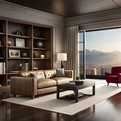 An ultra-detailed illustration of a living room, adorned with lavish couches, chairs, and a central coffee table.AI generated