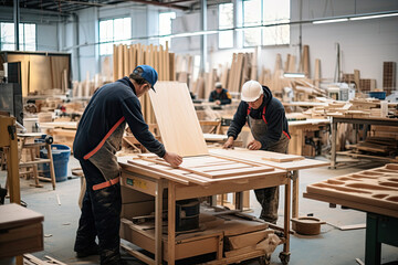 Wood workers making wood panels - obrazy, fototapety, plakaty