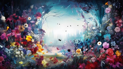 Fototapeta na wymiar Surreal fantasy land with large forest. Beautiful magical fairy tale enchanted forest. Surreal, abstract digital painting.