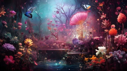 Keuken foto achterwand Fantasie landschap Surreal fantasy land with large forest. Beautiful magical fairy tale enchanted forest. Surreal, abstract digital painting.
