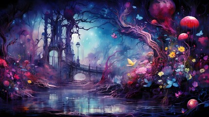 Surreal fantasy land with large forest. Beautiful magical fairy tale enchanted forest. Surreal, abstract digital painting.