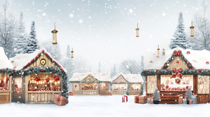 Festive Outdoor Christmas Market with Stalls and Holiday Decor , Christmas, wide banner with copy space area   - obrazy, fototapety, plakaty
