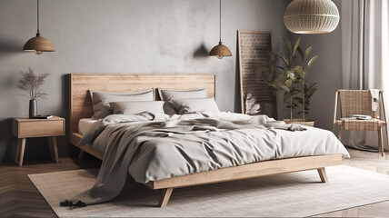 Scandinavian style bedroom mockup with natural wood.