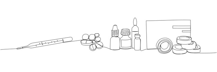 First aid kit set. Spray, drops, thermometer, pills, medical plaster, herbal tincture, medicine one line art. Continuous line drawing of treatment, medication, medical, pharmacy medicine, therapy