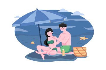 Romantic picnic on beach Illustration concept on white background